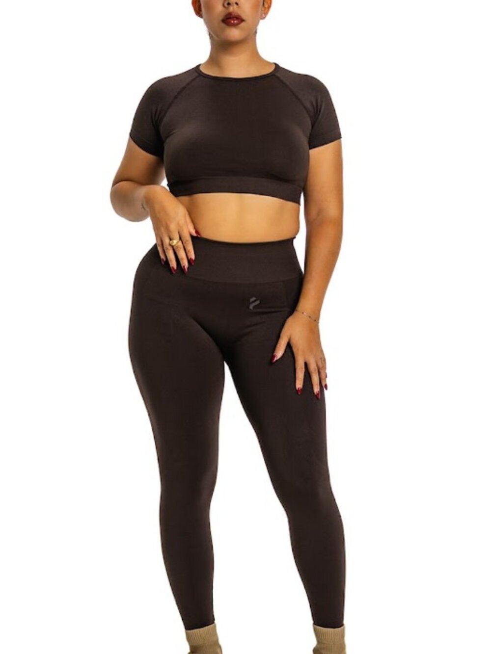 Chocolate Brown Seamless Workout Set Sculpting Crop Top High Waist Leggings